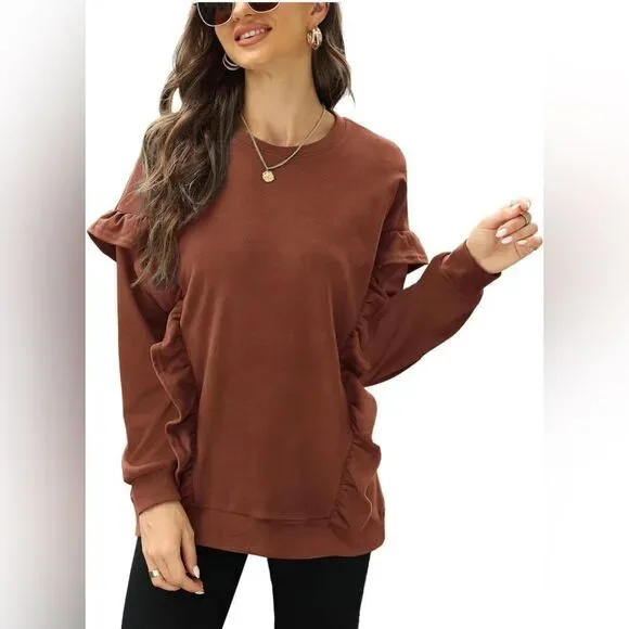 Long Sleeve Brown Sweater with ruffles. Size small. - Picture 2 of 9